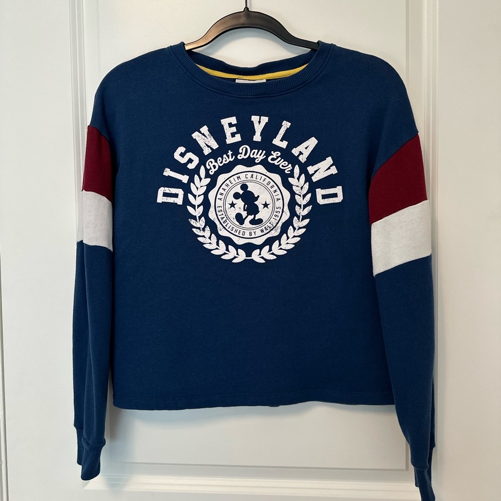 Disney Navy Crewneck Sweatshirt with Maroon & White Sleeve Stripes